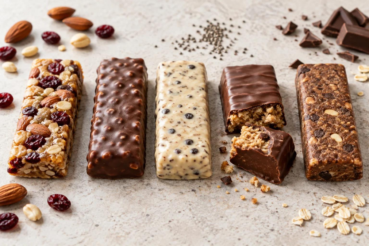 Five unwrapped protein bars side by side on a light counter with one broken open