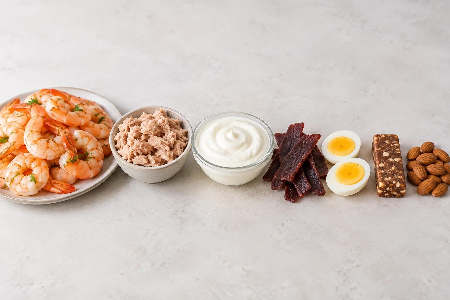 Shrimp, tuna, Greek yogurt, jerky, eggs, a protein bar and almonds arranged in a row