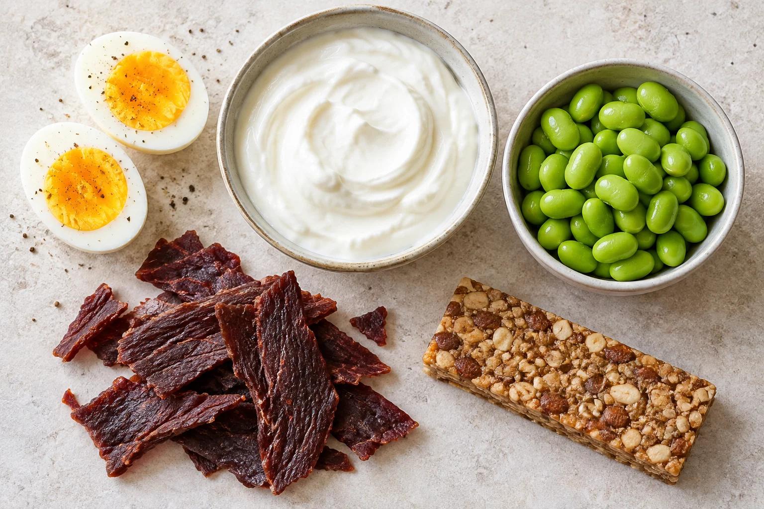 Eggs, Greek yogurt, edamame, plain jerky and an unwrapped protein bar