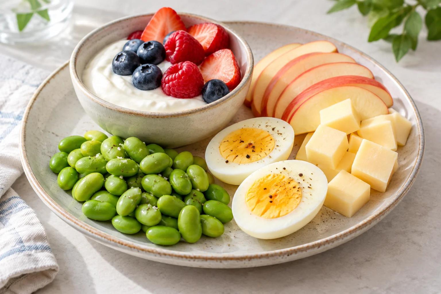 Snack plate with Greek yogurt and berries, cheese, apple slices, boiled egg and edamame