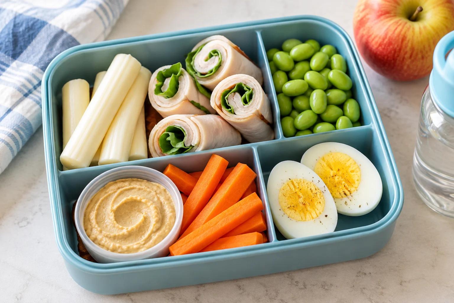 Bento lunchbox with string cheese, turkey roll-ups, edamame, hummus, carrots and egg