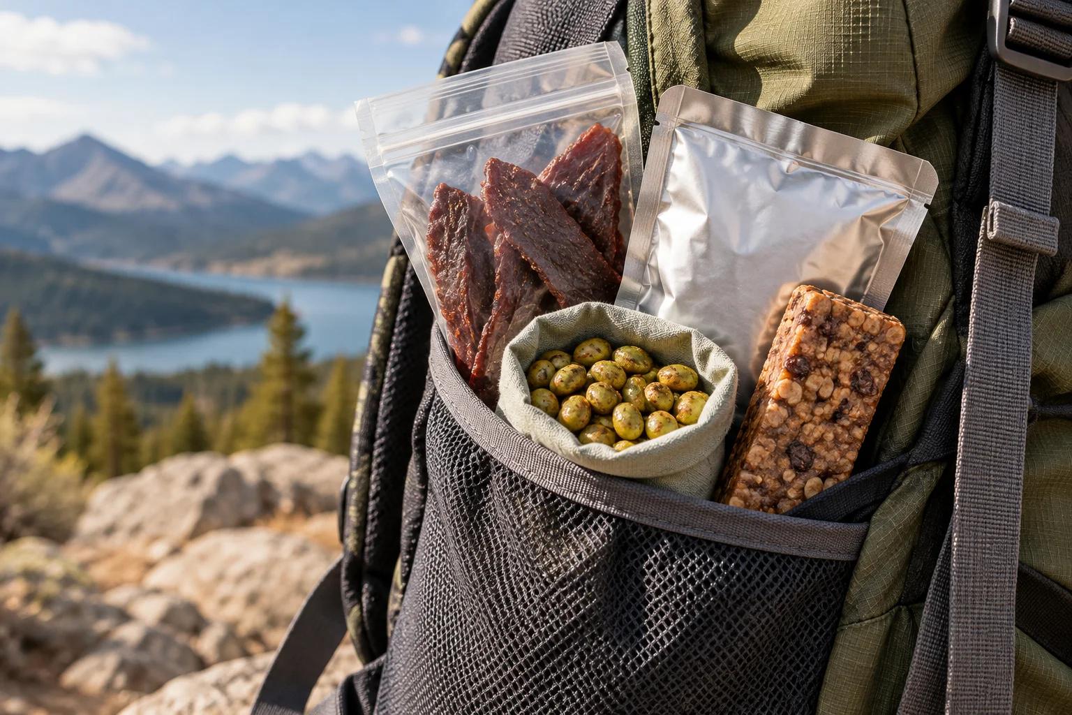 Backpack pocket holding jerky, a plain tuna pouch, roasted edamame and a protein bar