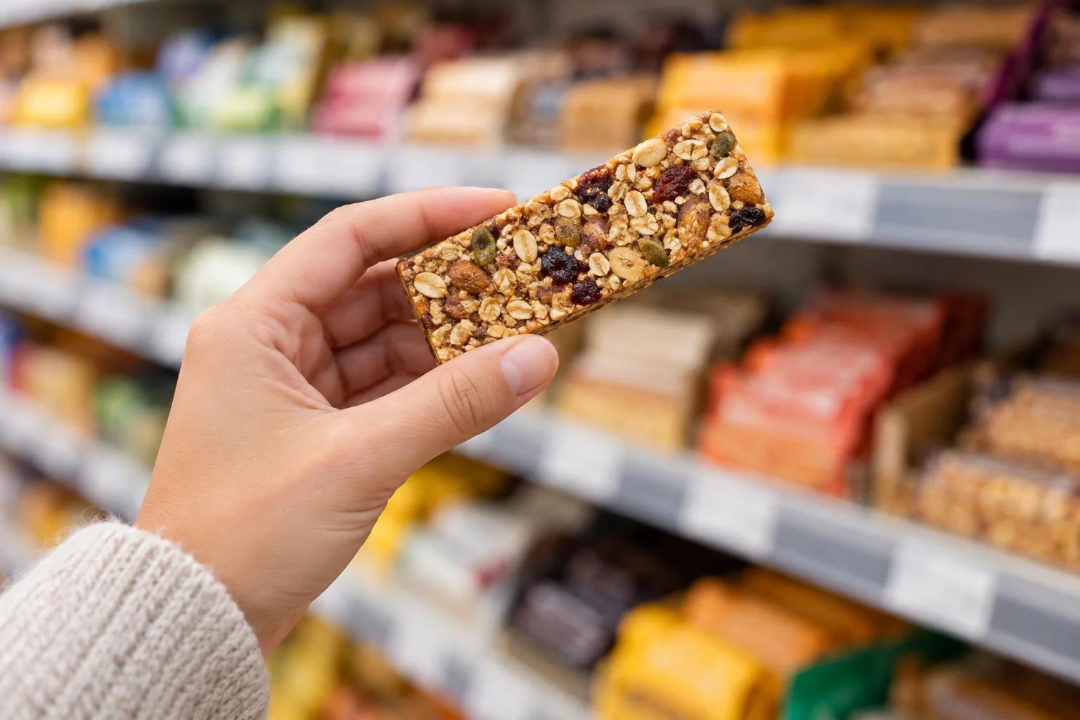 Hand holding a plain unbranded snack bar in a softly blurred grocery aisle
