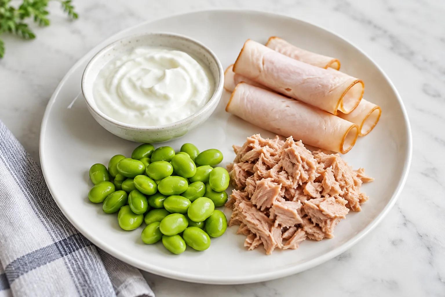 Small portions of Greek yogurt, turkey roll-ups, shelled edamame and tuna on a white plate