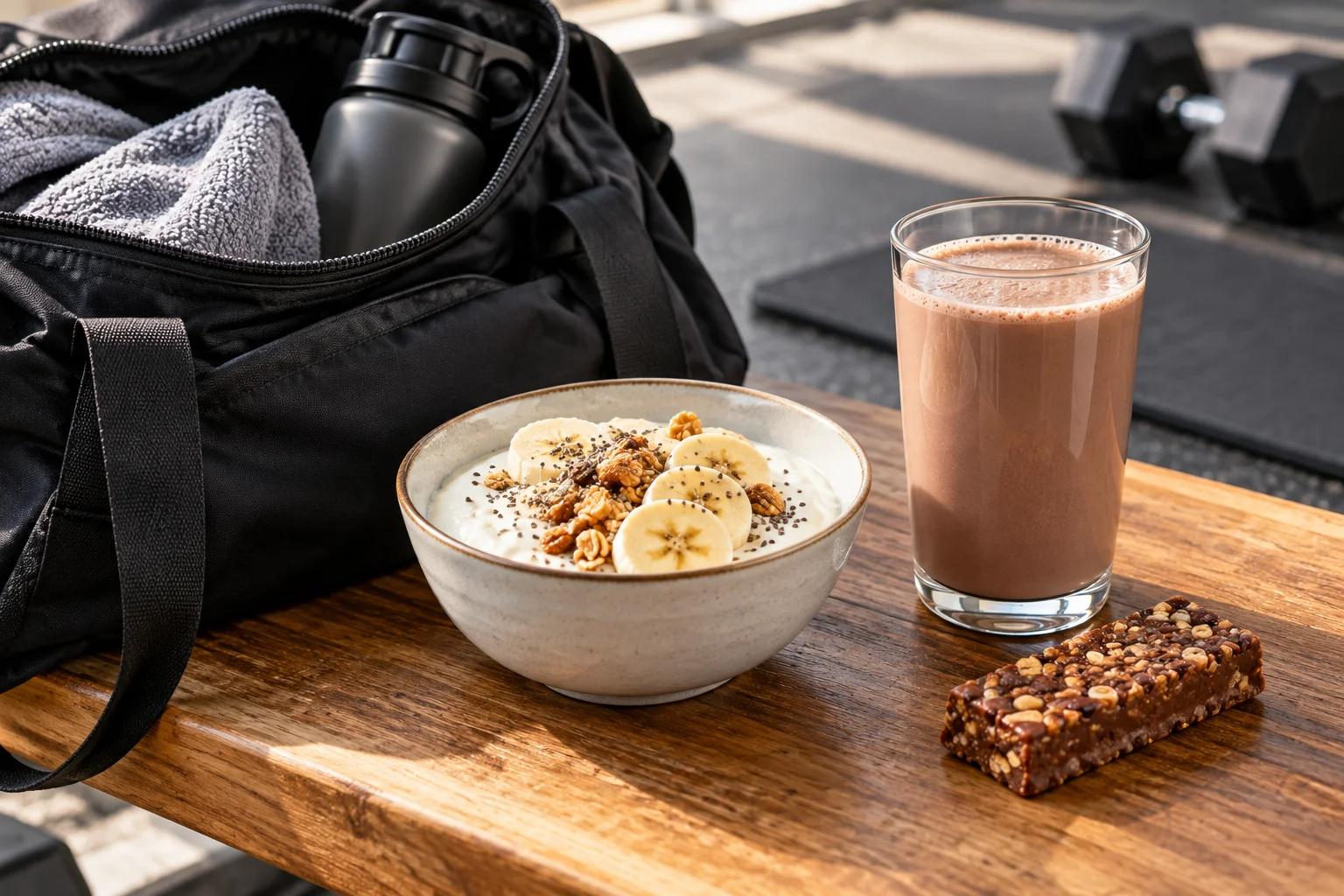 Gym bag beside Greek yogurt with banana, chocolate milk and an unwrapped protein bar