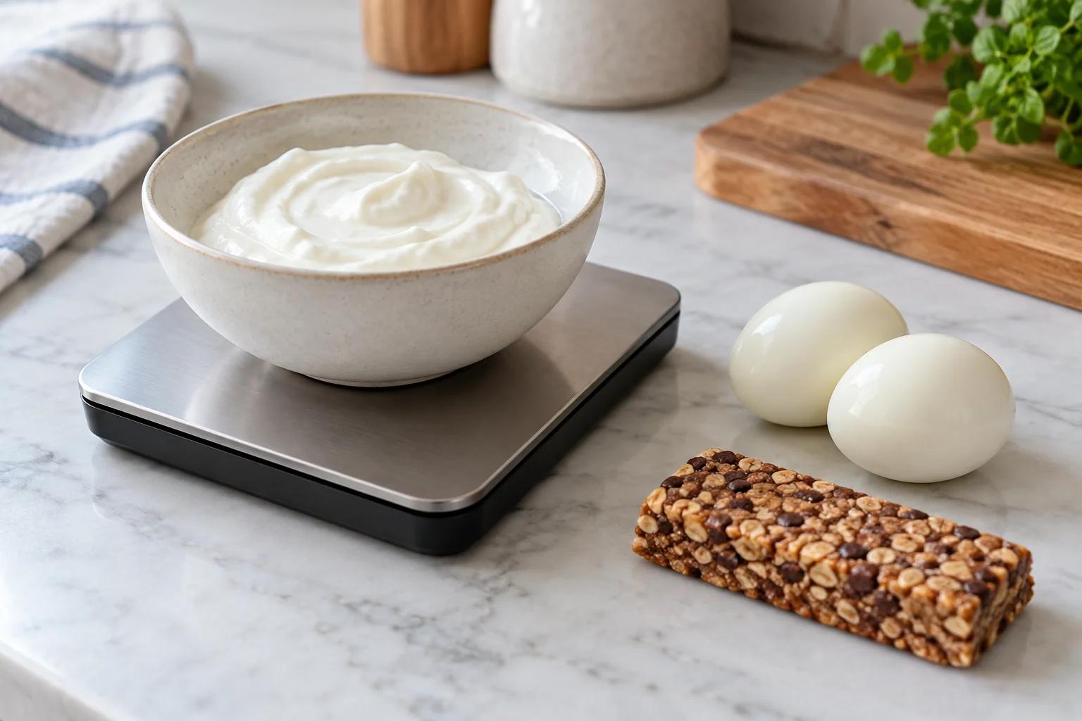Kitchen scale with Greek yogurt, two boiled eggs and an unwrapped protein bar
