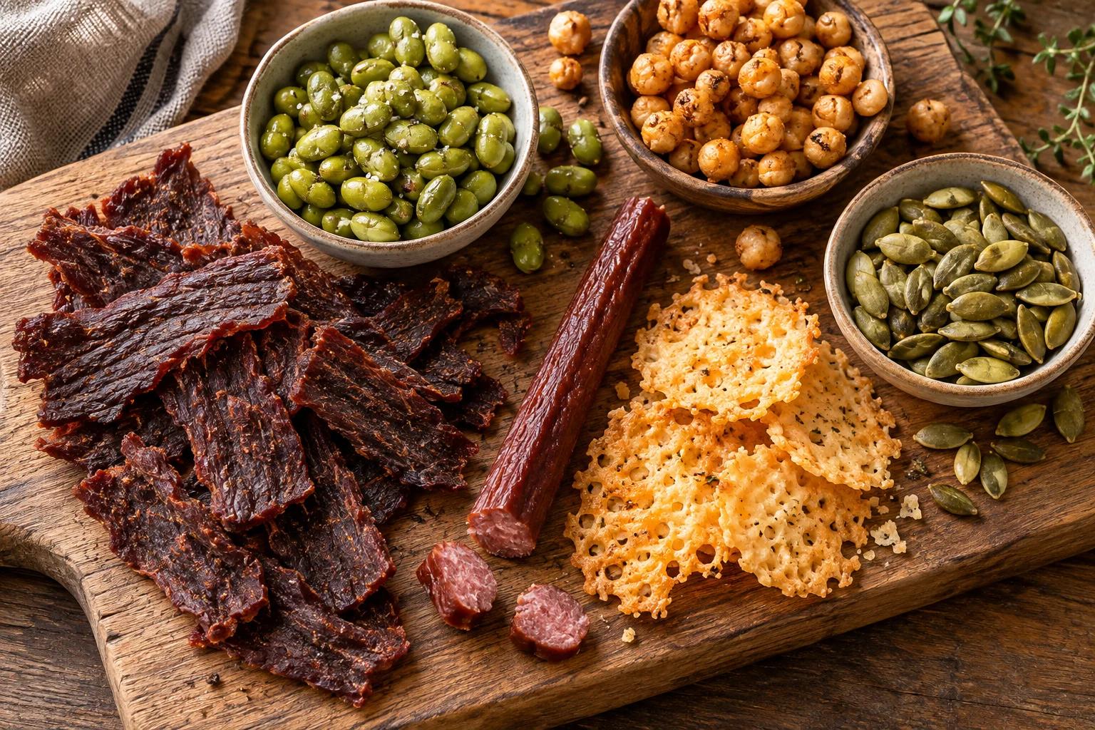 Jerky, a meat stick, roasted edamame, chickpeas, pumpkin seeds and cheese crisps on a board