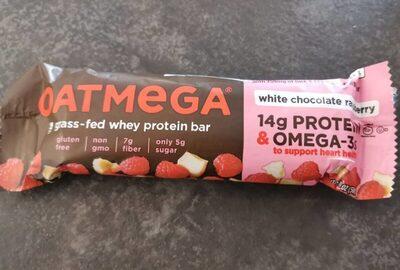 Oatmega White Chocolate Raspberry Grass-Fed Whey Protein Bar package front