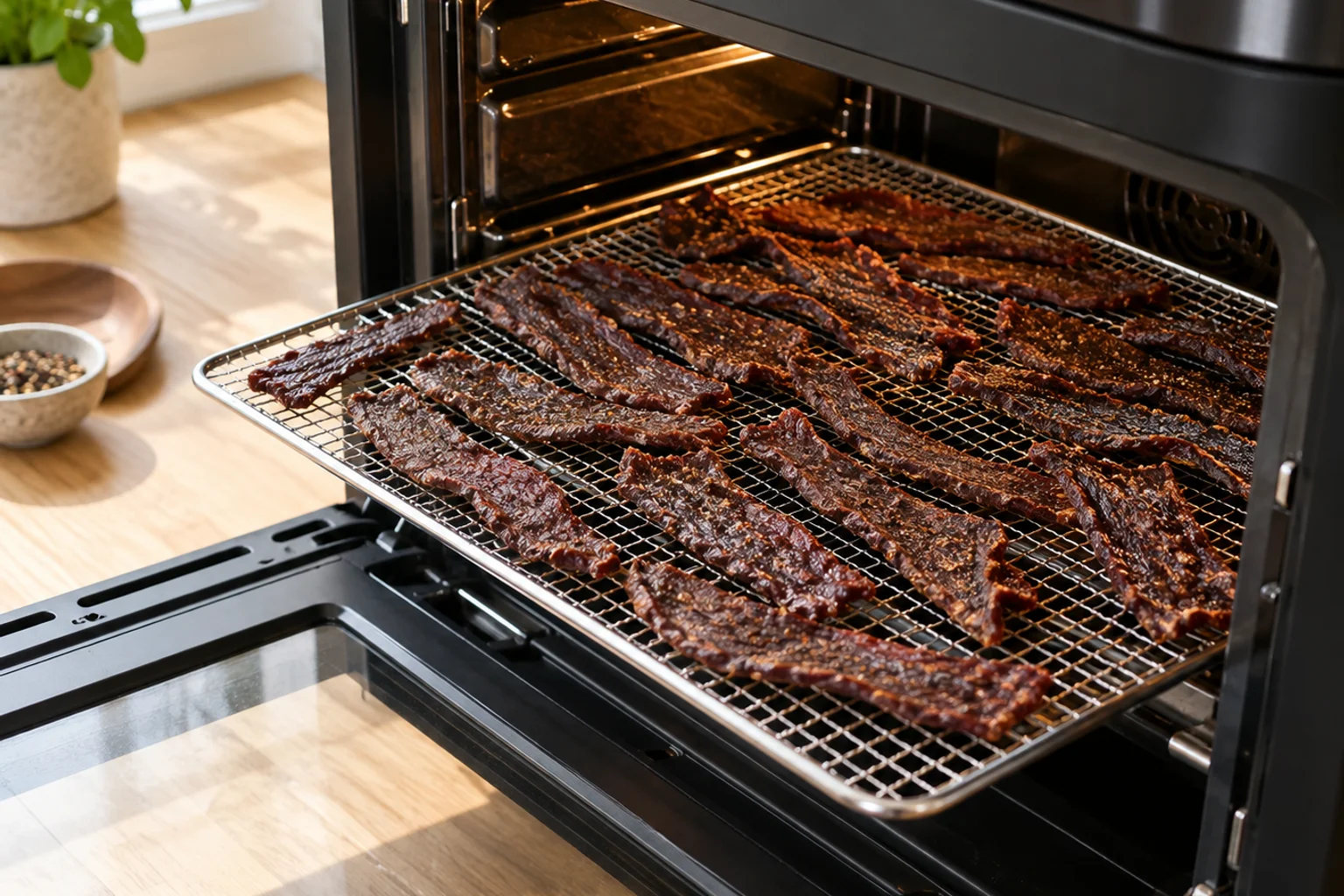 Thin beef jerky strips in a single layer on the rack of an open air fryer