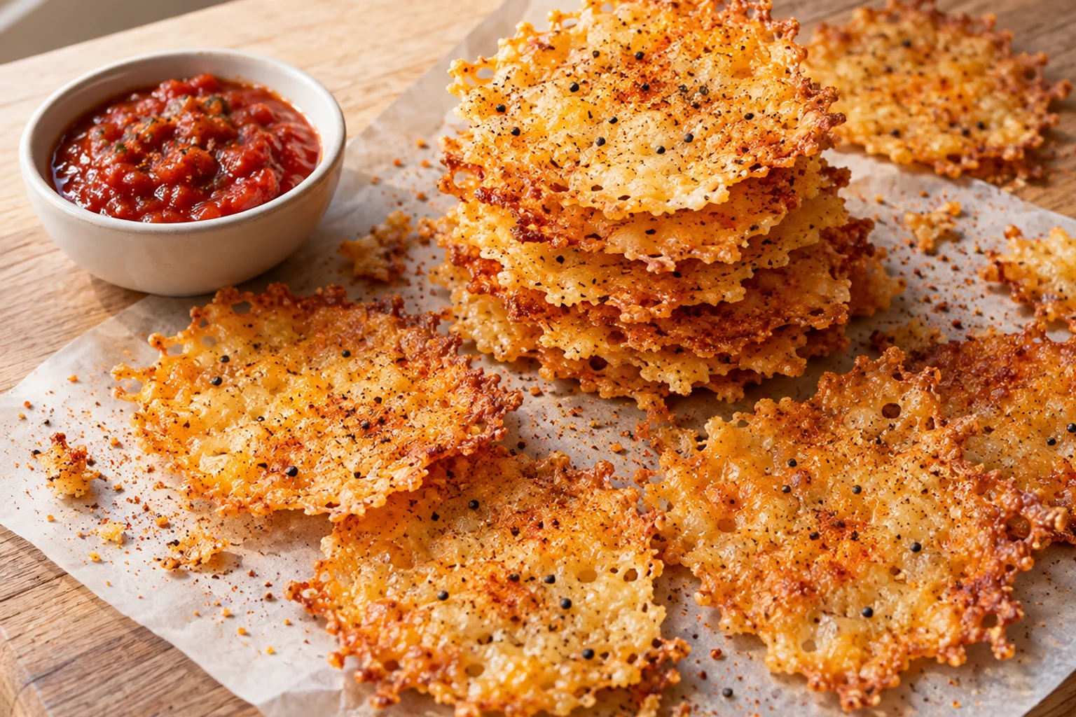 Stack of golden lacy parmesan and cheddar cheese crisps on parchment with a small bowl of marinara