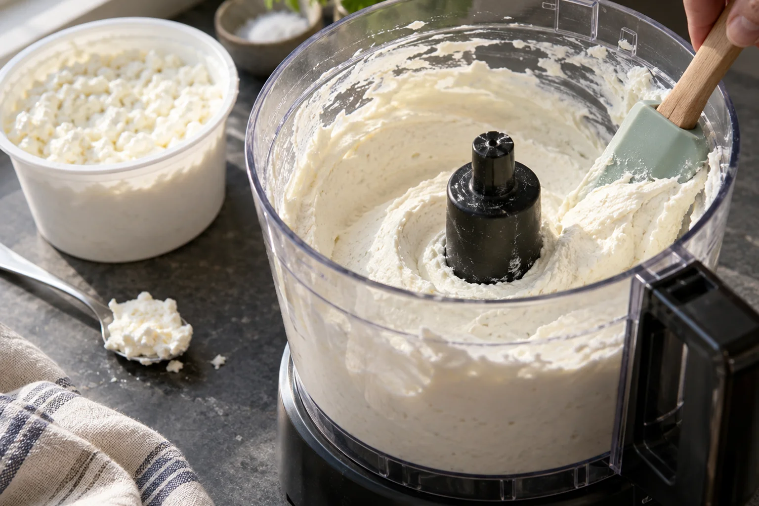 Food processor bowl half full of whipped smooth cottage cheese with a spatula scraping the side