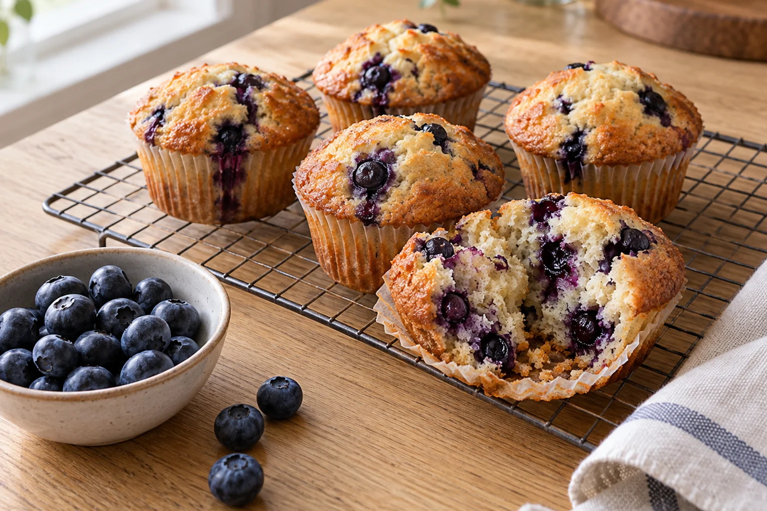 Six golden blueberry muffins on a cooling rack with a bowl of fresh blueberries