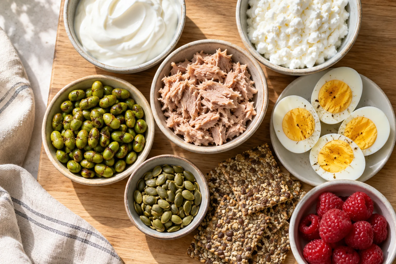 Wooden board with bowls of Greek yogurt, cottage cheese, tuna, eggs, edamame, seed crackers and berries