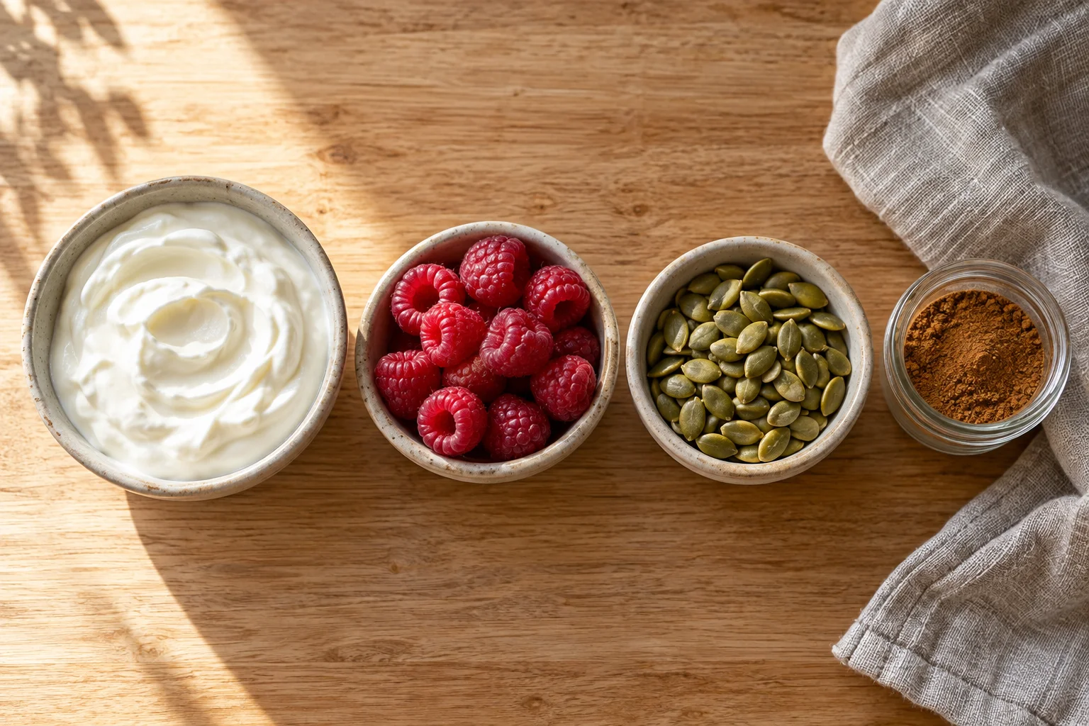 Four small bowls on a light oak board: Greek yogurt, raspberries, pumpkin seeds and a jar of cinnamon