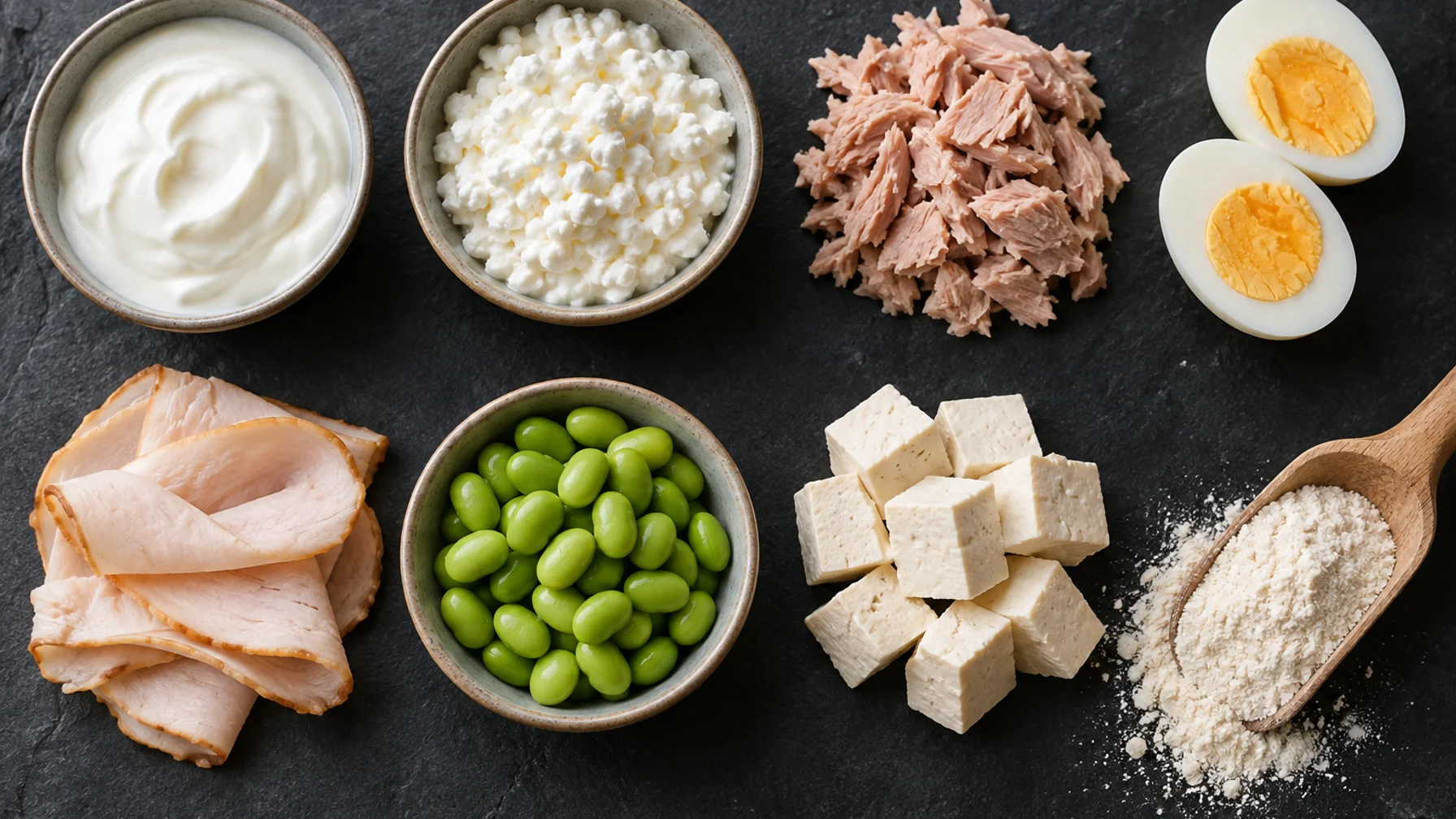 Flat lay on slate of Greek yogurt, cottage cheese, tuna, eggs, turkey, edamame, tofu and a scoop of protein powder