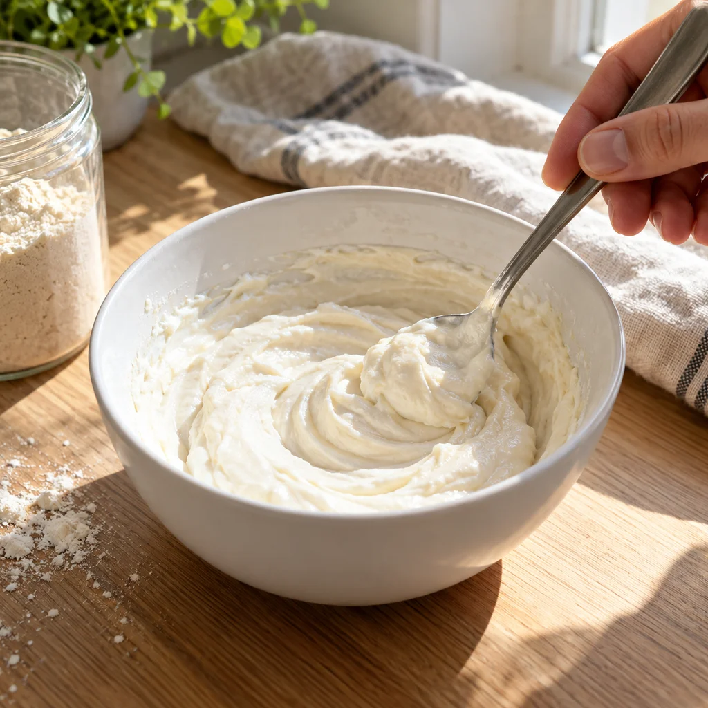 Hand stirring a thick paste of vanilla protein powder and Greek yogurt in a white ceramic bowl