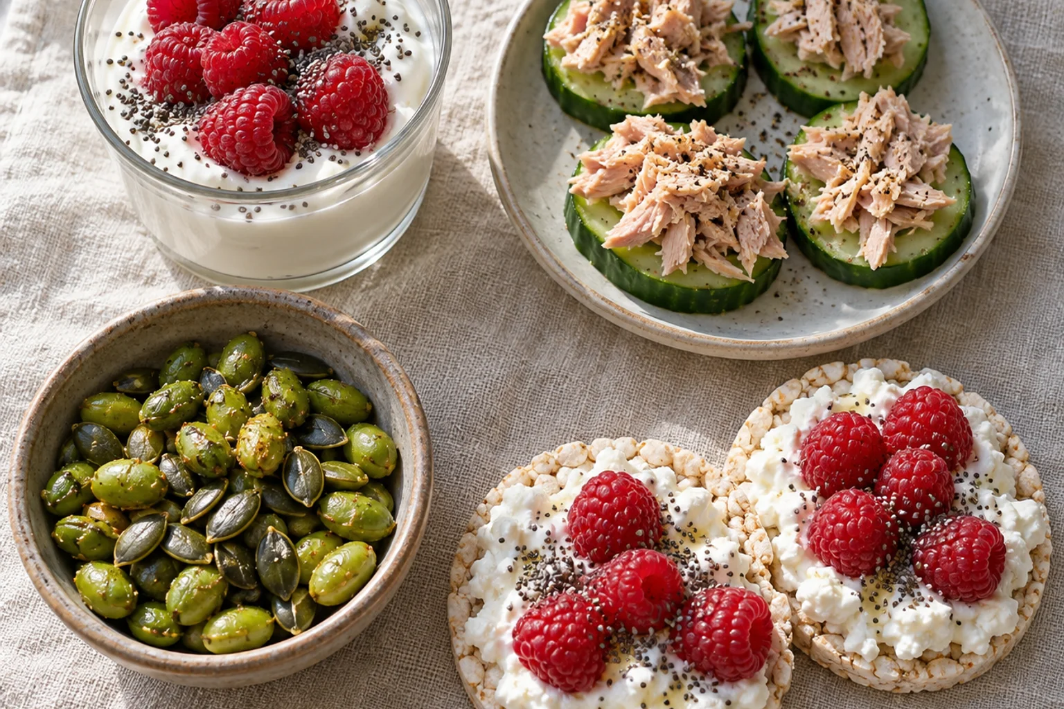 Four snacks on a linen cloth: berry yogurt cup, tuna cucumber rounds, edamame with pumpkin seeds, cottage cheese rice cakes