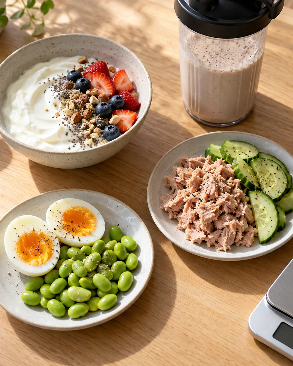 Four small plates with about 20 g of protein each: Greek yogurt, canned tuna, two eggs with edamame, and a protein shake