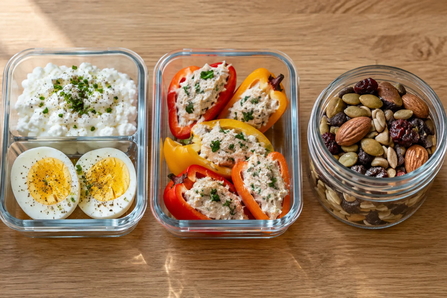 Row of five glass containers holding yogurt jars, an egg and cottage cheese box, stuffed peppers, trail mix and jerky