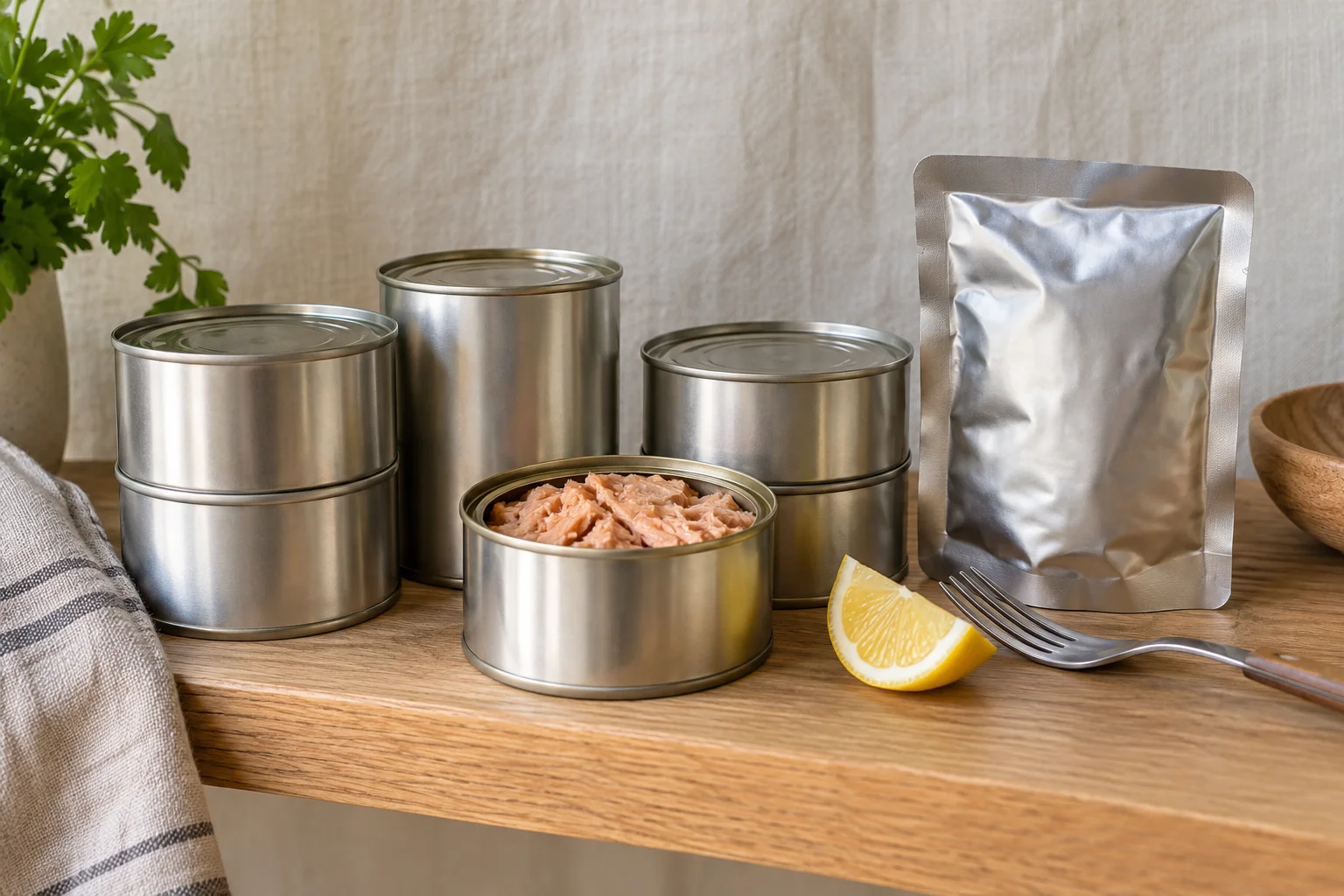 Plain unlabeled cans and a pouch of tuna, salmon and sardines lined up on a light wooden shelf
