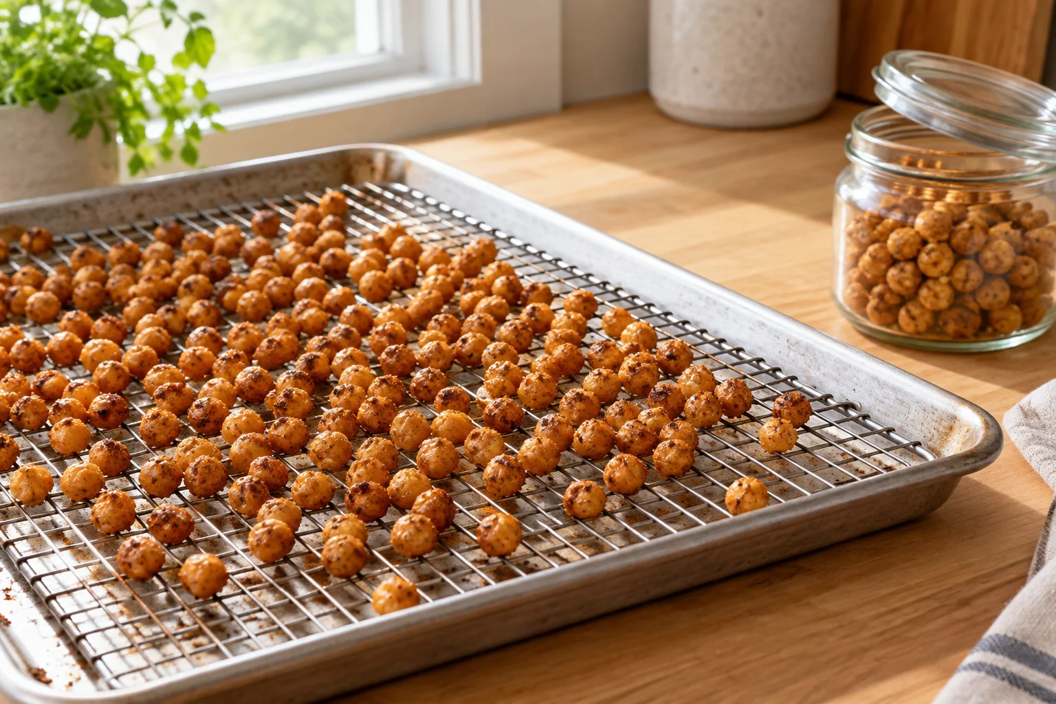 Roasted chickpeas cooling uncovered on a wire rack set over a sheet pan on a light wooden counter