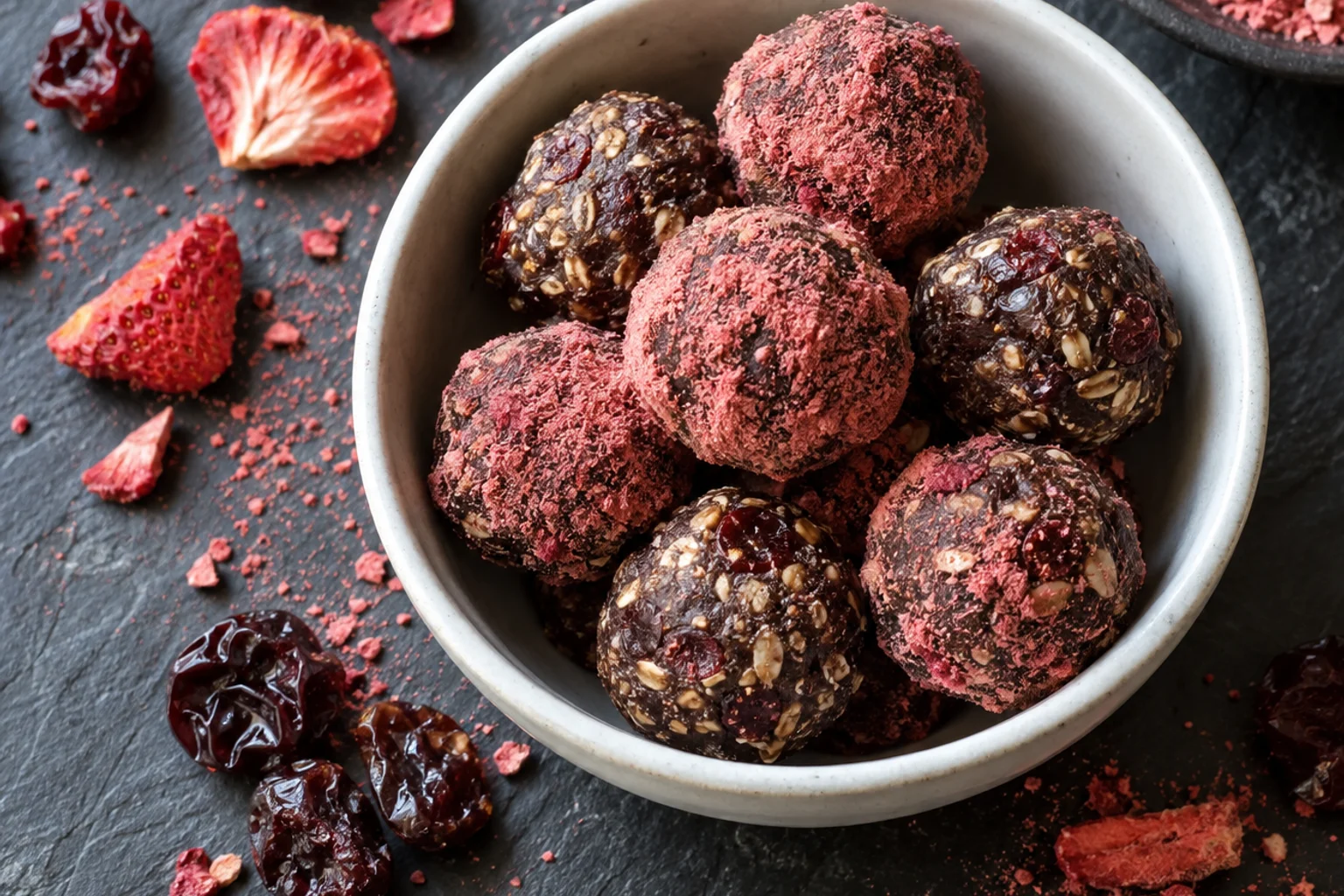Dark chocolate protein bites rolled in pink freeze-dried strawberry powder in a small white bowl