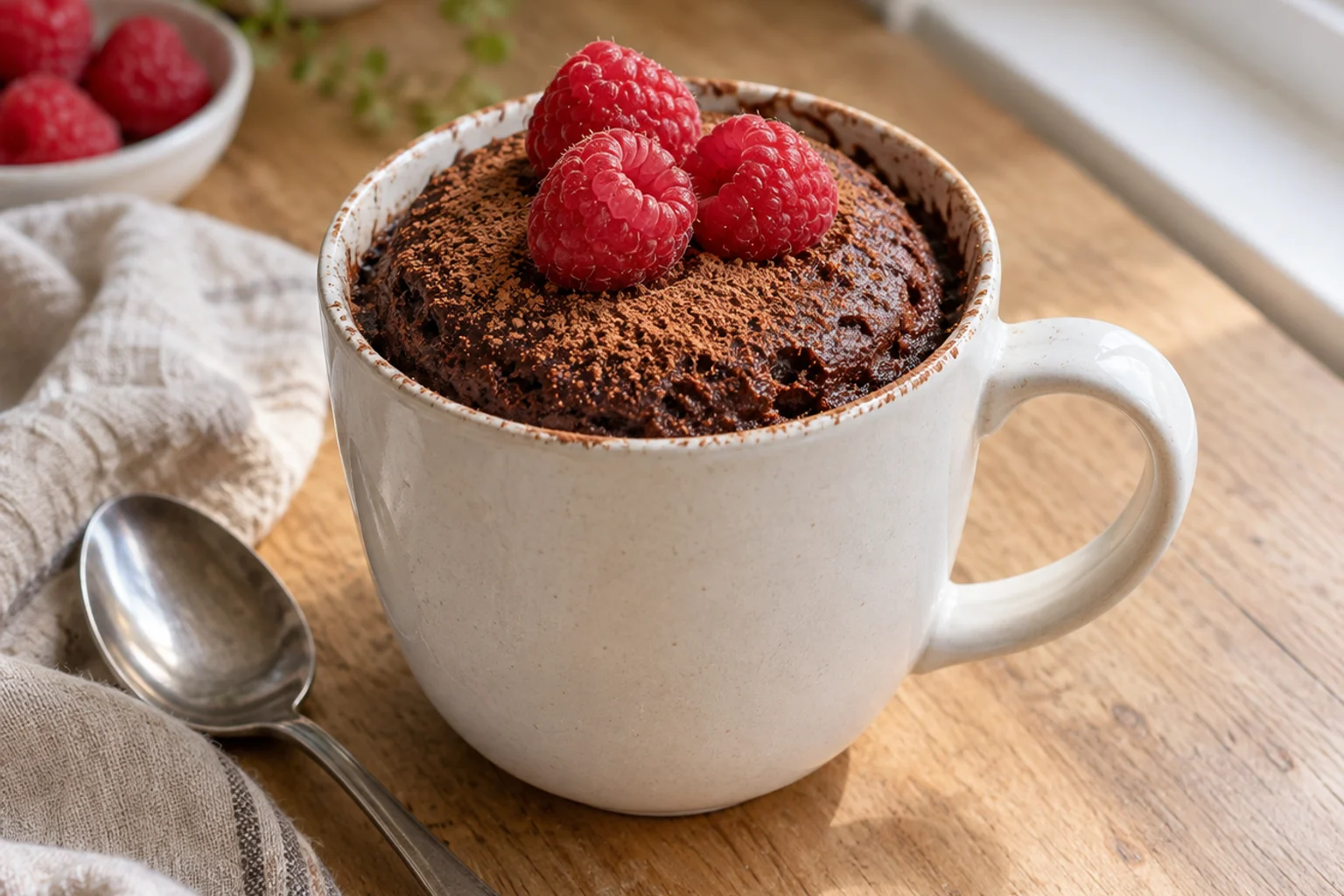 White ceramic mug of chocolate protein mug cake with a spoon and a few raspberries on top