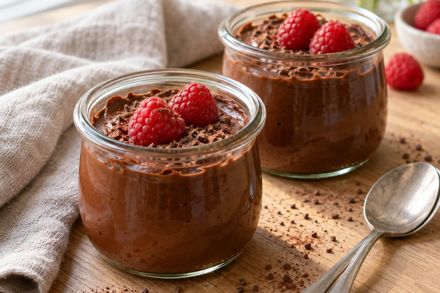Two glass jars of thick chocolate protein pudding topped with raspberries and cocoa nibs