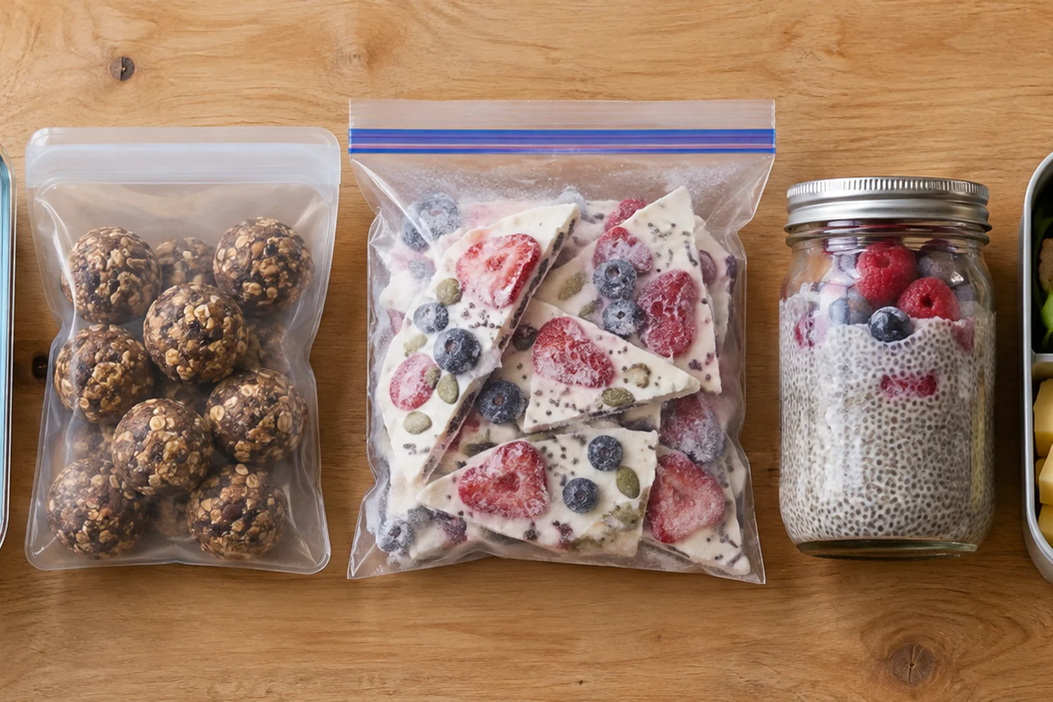 Flat lay of a glass meal-prep container, silicone bag, freezer bag, mason jar and bento box, each holding a protein snack