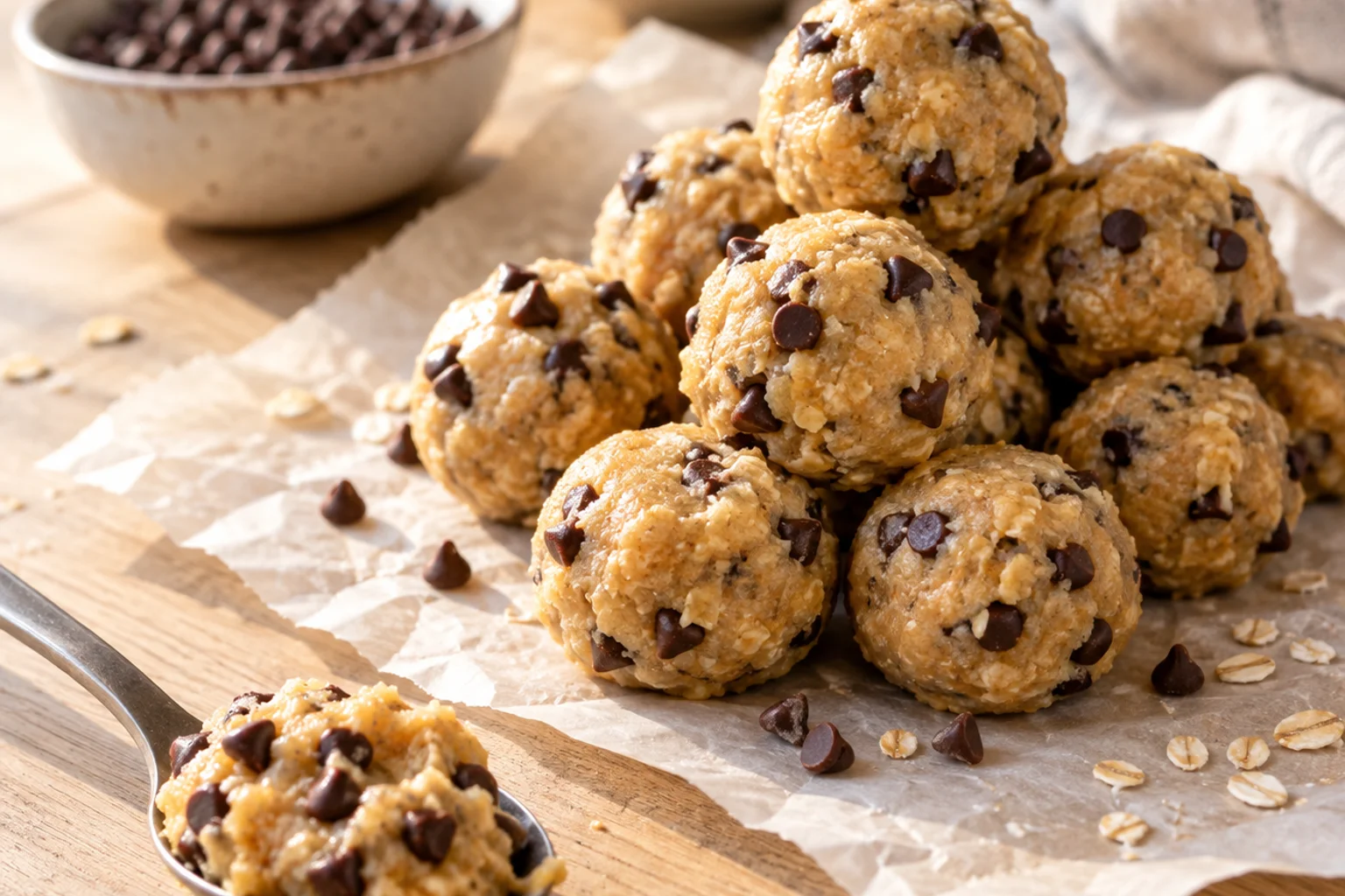 Rounded cookie-dough protein bites with chocolate chips on parchment beside a spoon of dough