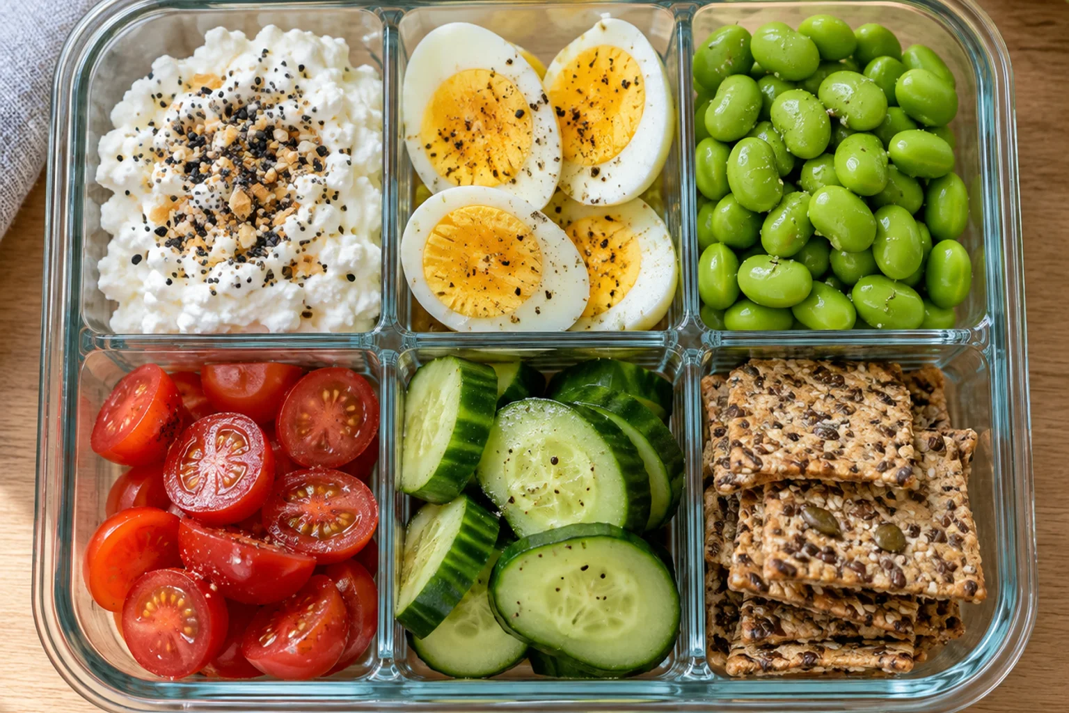 Divided snack box with cottage cheese, halved hard-boiled eggs, edamame, cherry tomatoes, cucumber slices and seed crackers