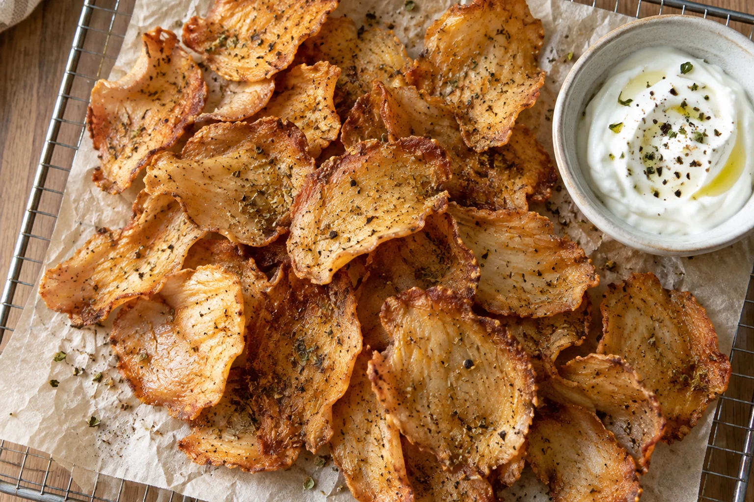 A pile of thin golden crispy chicken chips on a wire rack with a small bowl of Greek yogurt dip