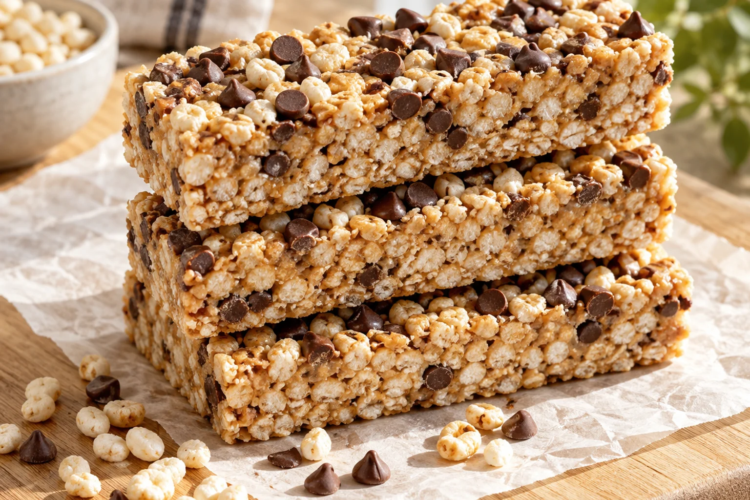 Crispy rice protein bars with visible crisps and chocolate chip topping on parchment