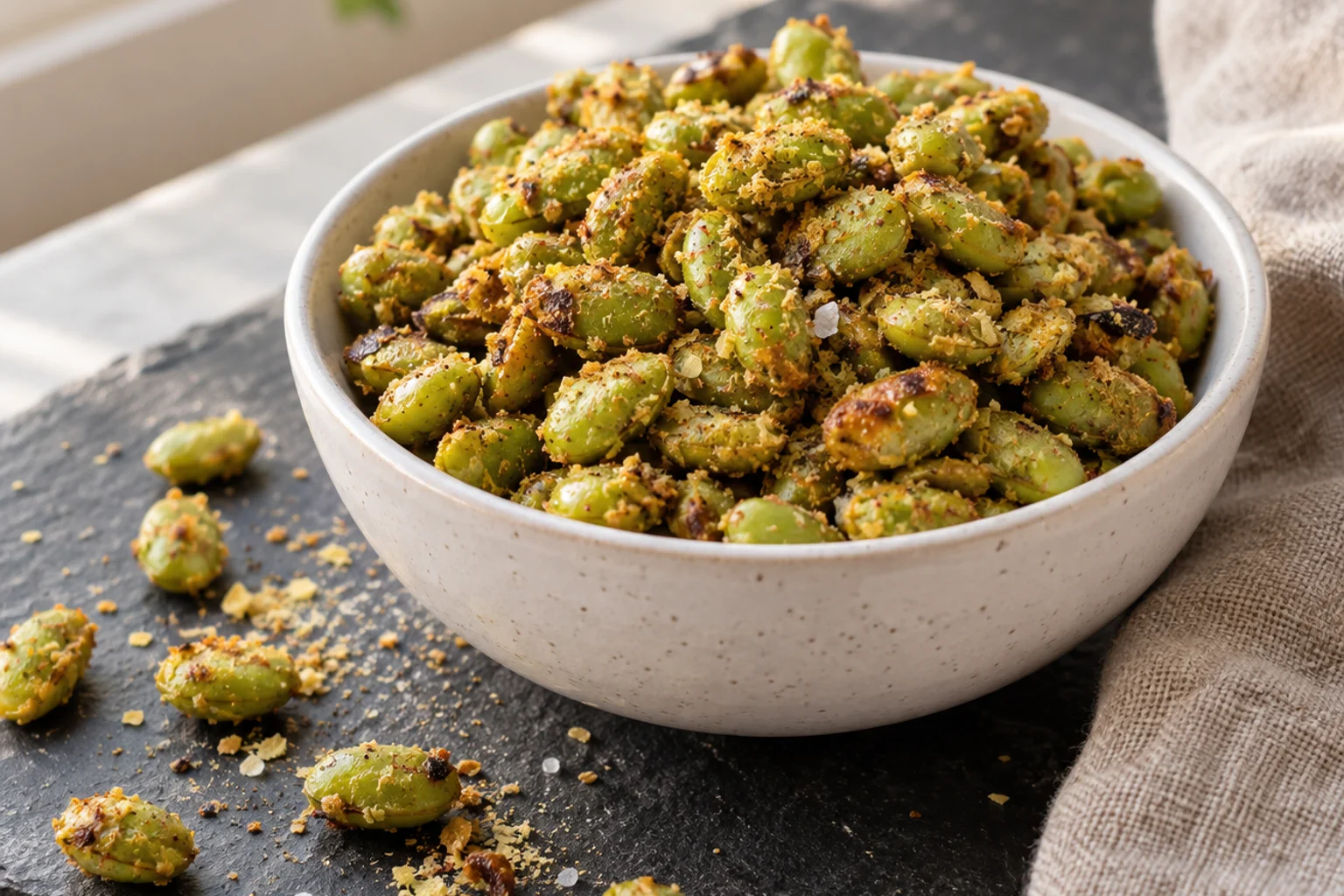 Roasted shelled edamame with nutritional yeast in a small white bowl on a slate board