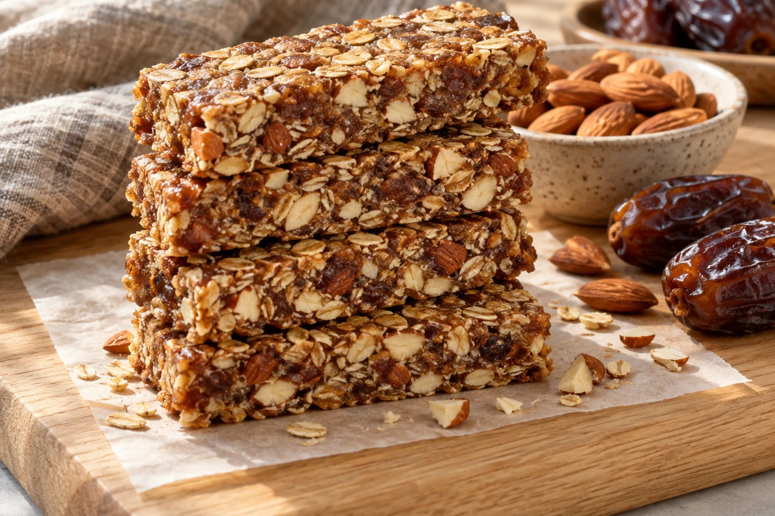Sliced date-sweetened almond butter bars with chopped almonds on parchment next to whole Medjool dates
