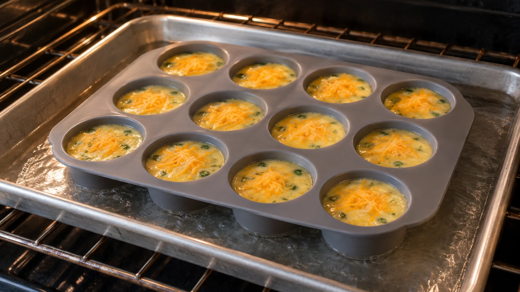 Silicone egg-bite mold filled with raw egg mixture sitting in a sheet pan of hot water