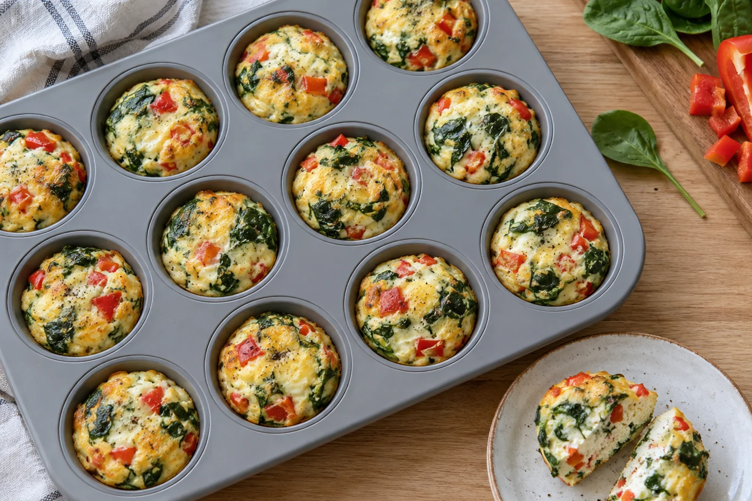 Twelve egg-white frittata muffins with spinach and red pepper in a silicone muffin pan