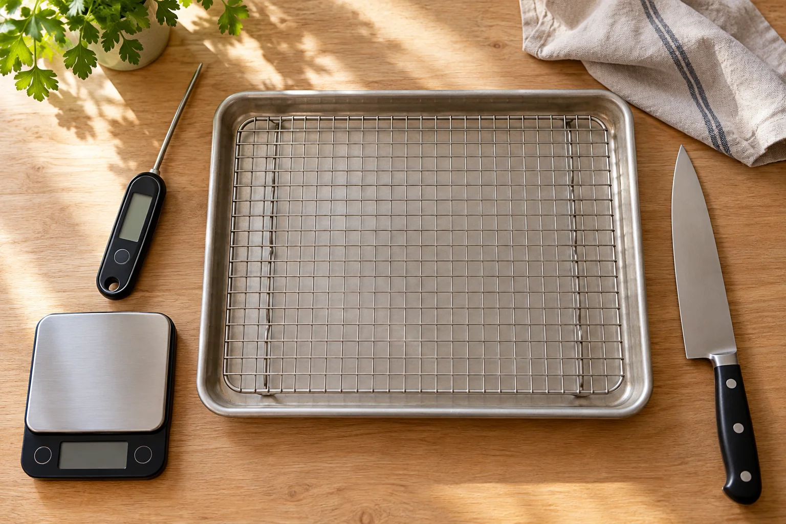 Flat lay of an instant-read thermometer, a digital kitchen scale, a sheet pan with wire rack and a chef's knife on a light surface