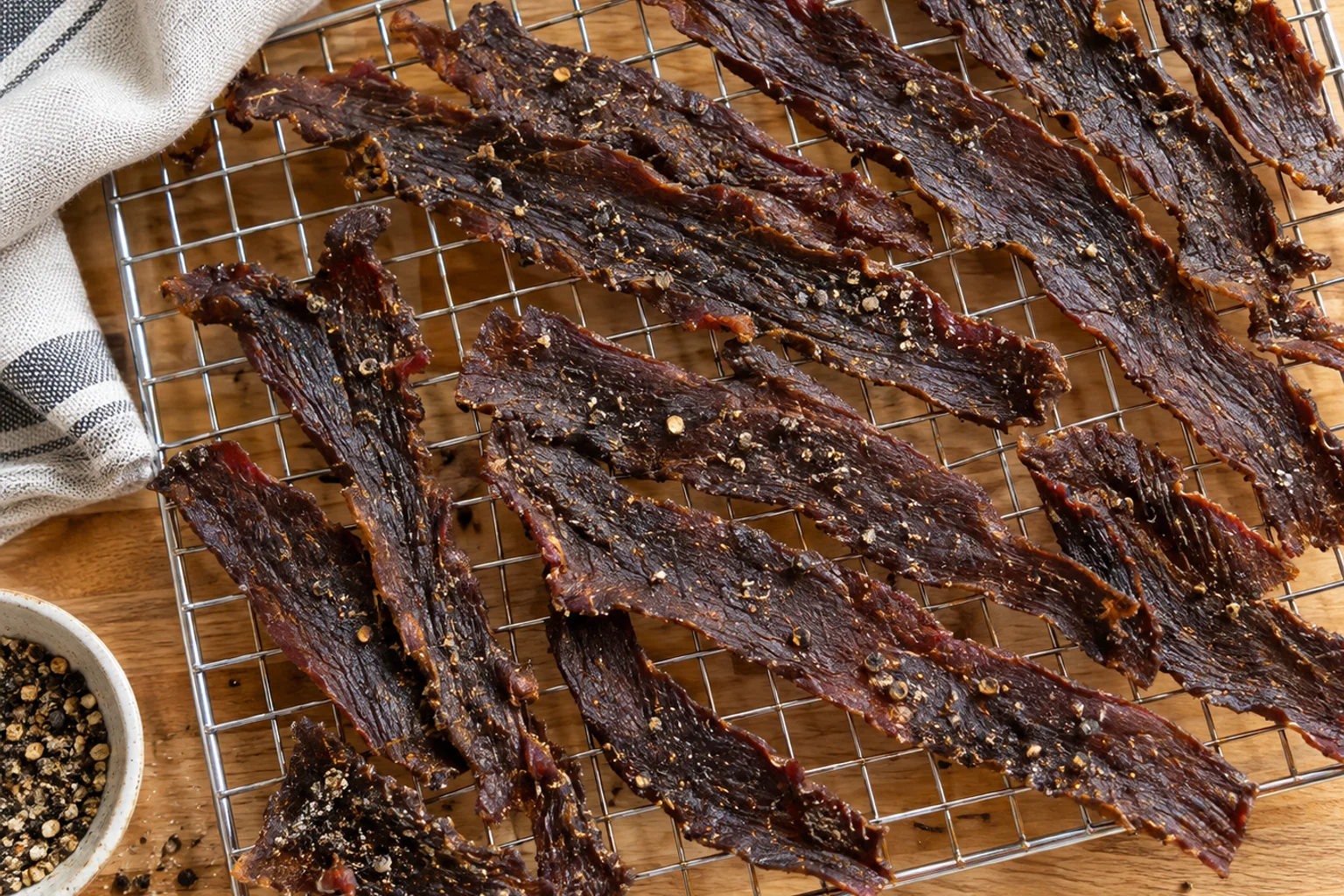 Finished strips of dark express beef jerky on a wire rack, flecked with black pepper