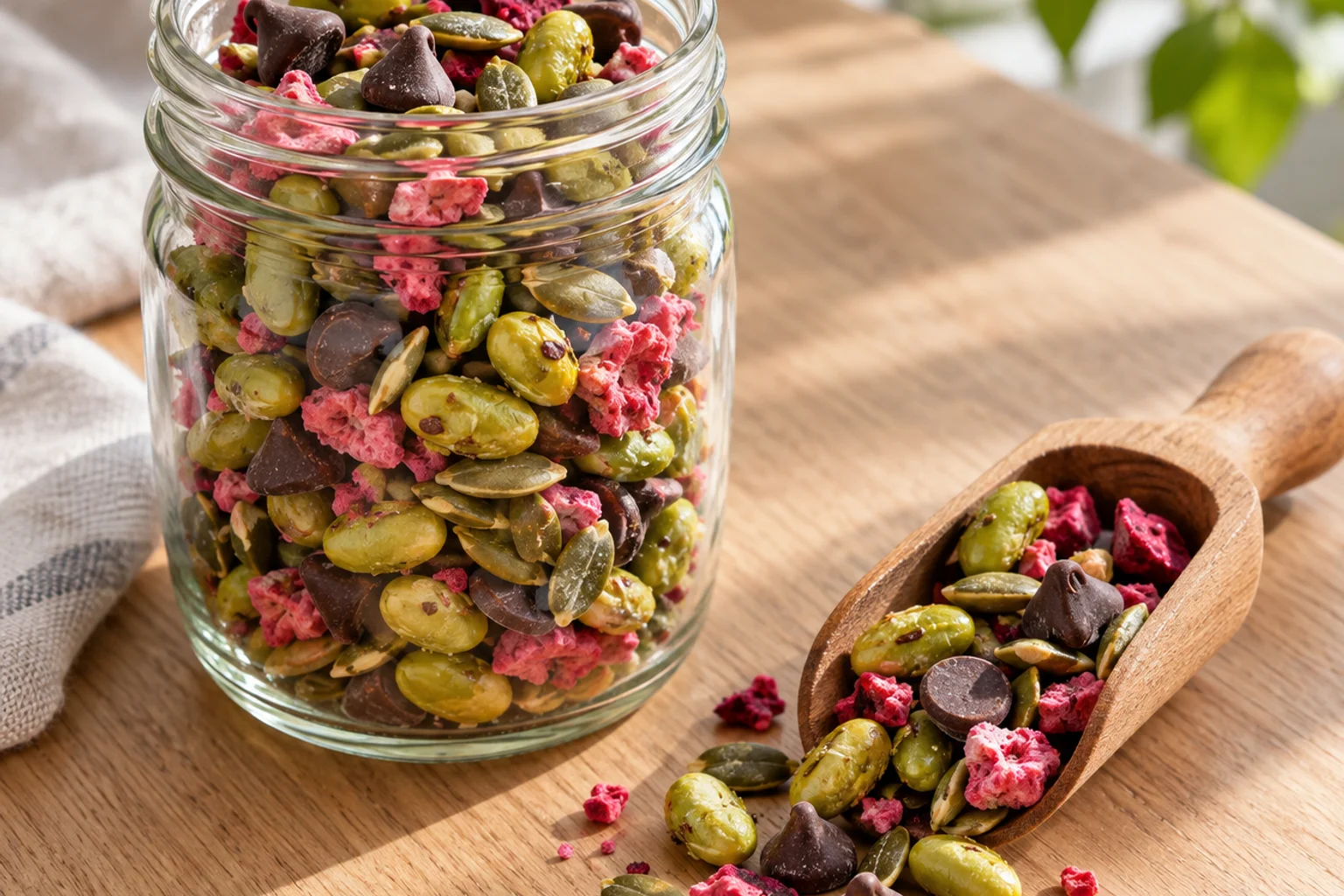 Glass jar of trail mix with roasted edamame, pumpkin seeds, dark chocolate chips and freeze-dried berries beside a small scoop