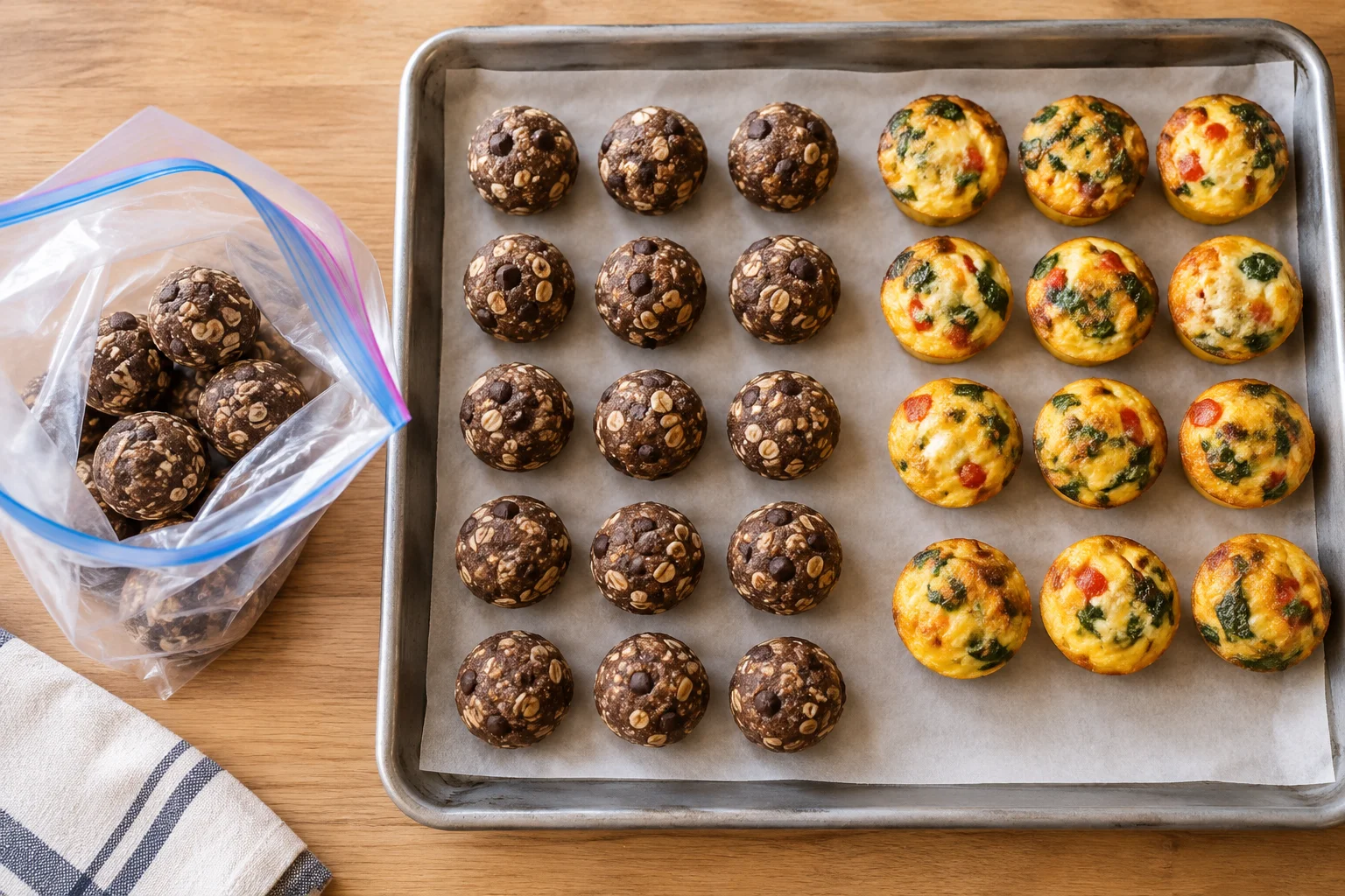 Parchment-lined sheet pan with rows of chocolate protein balls and egg bites in a single layer, ready for flash freezing