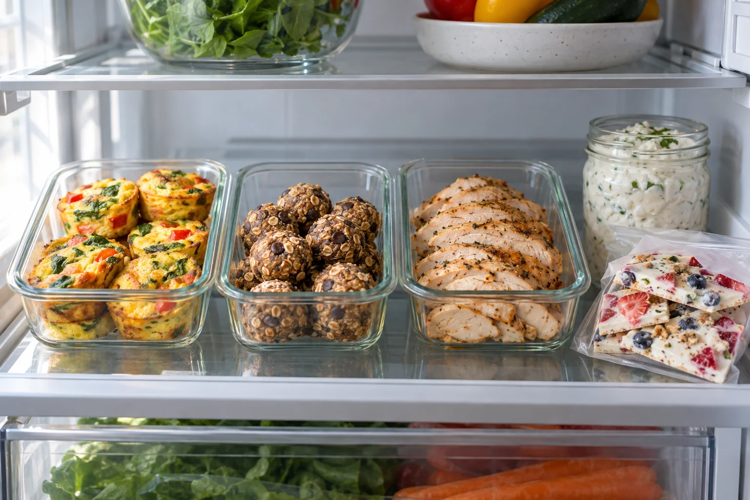 Open refrigerator shelf with glass containers of egg bites, protein balls and yogurt bark beside a freezer drawer of labeled bags