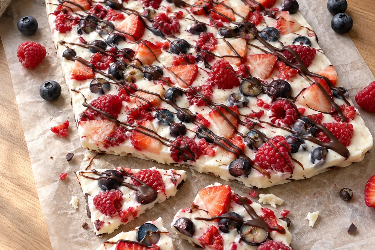 Rectangular slab of white yogurt bark with blueberries, raspberries and a chocolate drizzle on parchment