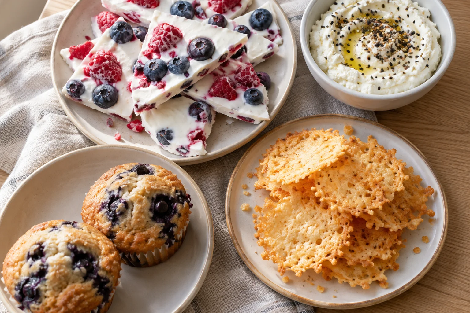 Wooden board with Greek yogurt bark pieces, a bowl of whipped cottage cheese dip, blueberry muffins and parmesan crisps