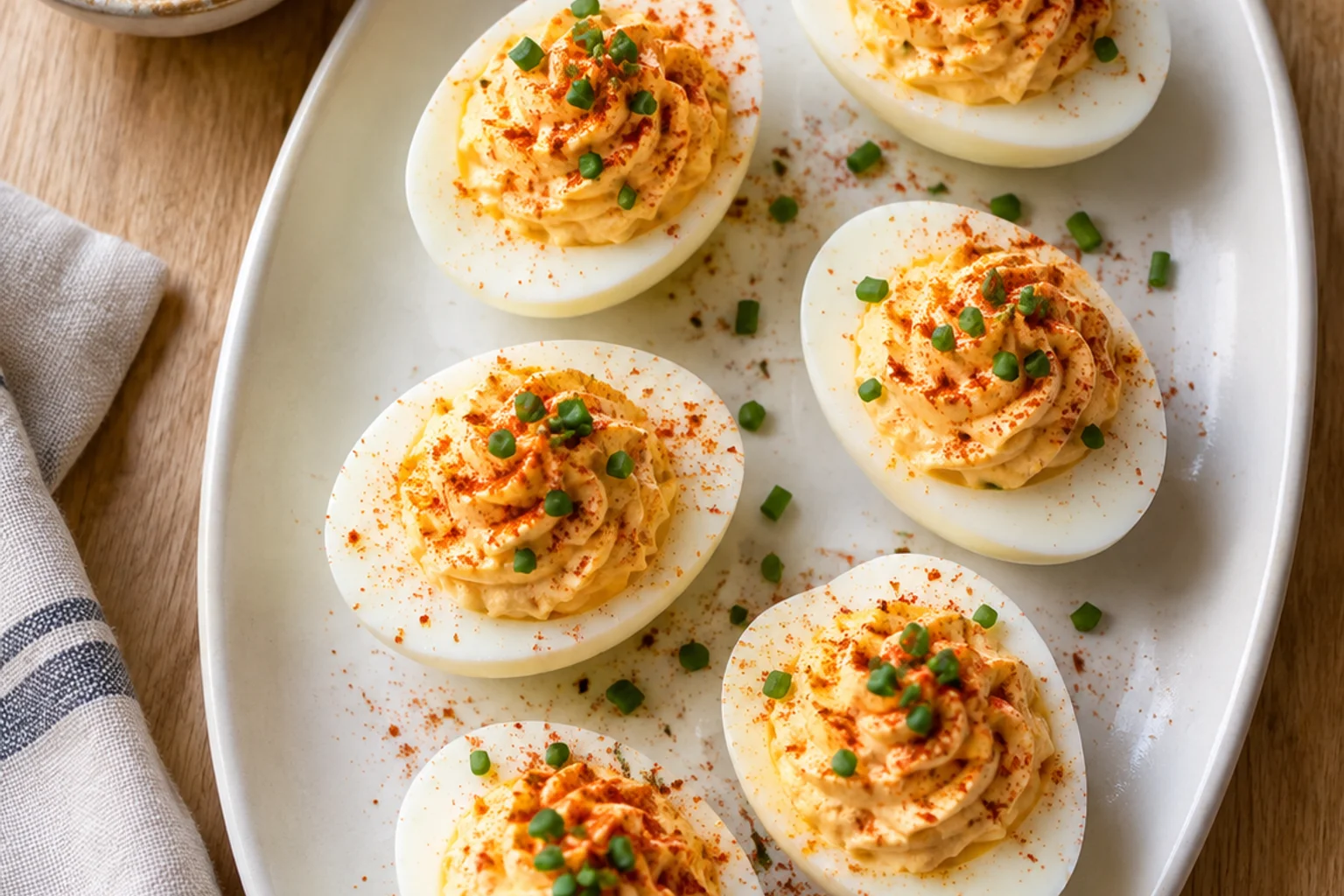 Six deviled egg halves with smoked paprika and chives on a white platter
