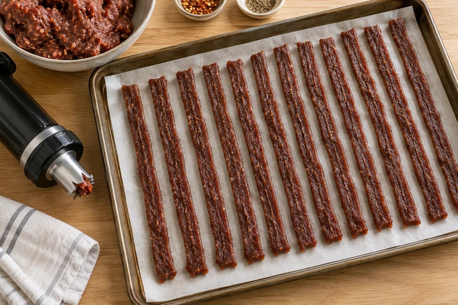 Even strips of dark ground-beef jerky on parchment paper with a jerky gun nearby