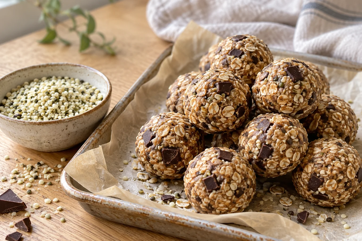 A stack of round hemp-seed energy bites rolled in hemp hearts on a parchment-lined tray