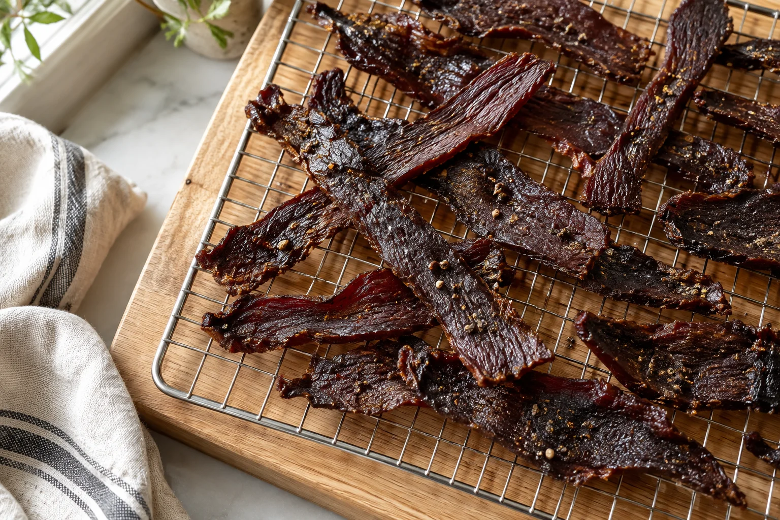 Dark, glossy strips of homemade beef jerky fanned out on a wire rack over a light oak board