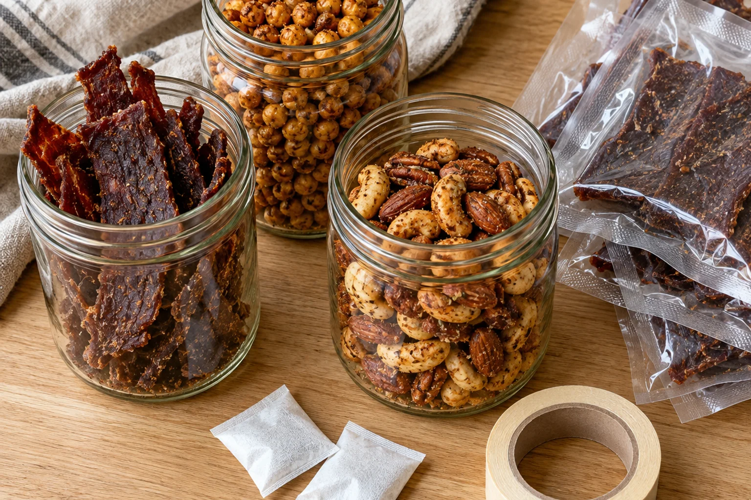Glass jars of homemade jerky, roasted chickpeas and spiced nuts beside oxygen absorber packets and vacuum-sealed pouches