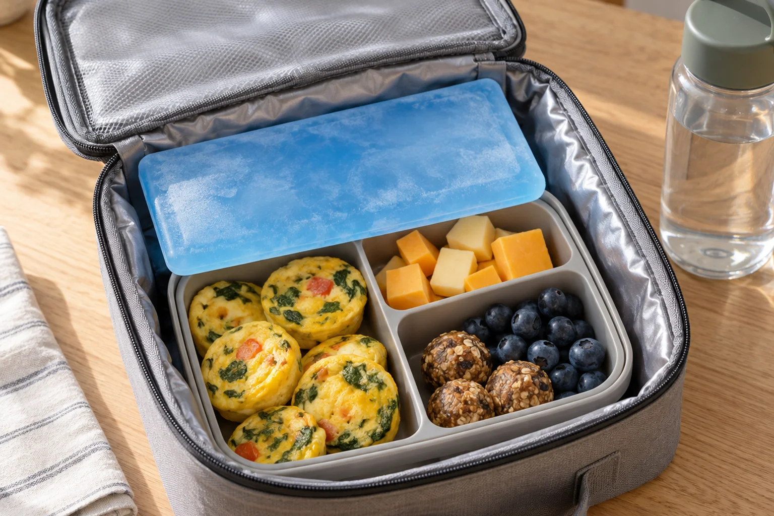 Open insulated lunch bag with an ice pack on top of a bento box of egg bites, cheese cubes, berries and protein balls